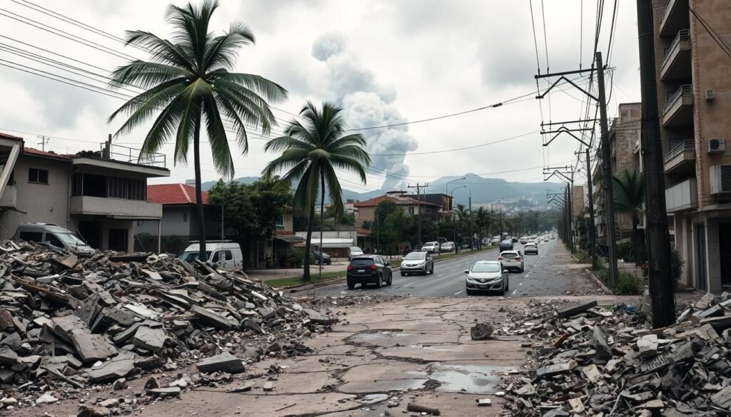 Uma cena dramática de terremotos no Brasil, capturada com uma lente grande angular. Em primeiro plano, prédios rachados e em ruínas, detritos espalhados pelo chão. Palmeiras trêmulas e linhas de energia balançando transmitem a intensidade do tremor. O meio termo possui uma rua movimentada, carros que desviam para evitar rachaduras no asfalto. À distância, uma pluma imponente de fumaça sobe acima do horizonte, resultado de uma linha de gás rompida ou colapso estrutural. O céu está nublado, aumentando a atmosfera sombria e agourential. A iluminação estranha e de ângulo baixo lança longas sombras, enfatizando a escala da destruição. Esta imagem ilustra poderosamente o impacto devastador dos terremotos no Brasil. Uma cena dramática de terremotos no Brasil, capturada com uma lente grande angular. Em primeiro plano, prédios rachados e em ruínas, detritos espalhados pelo chão. Palmeiras trêmulas e linhas de energia balançando transmitem a intensidade do tremor. O meio termo possui uma rua movimentada, carros que desviam para evitar rachaduras no asfalto. À distância, uma pluma imponente de fumaça sobe acima do horizonte, resultado de uma linha de gás rompida ou colapso estrutural. O céu está nublado, aumentando a atmosfera sombria e agourential. A iluminação estranha e de ângulo baixo lança longas sombras, enfatizando a escala da destruição. Esta imagem ilustra poderosamente o impacto devastador dos terremotos no Brasil.