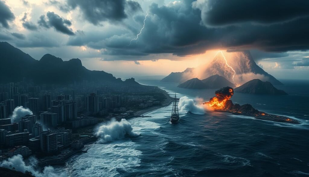 Uma cena dramática e imersiva de grandes terremotos em todo o mundo. Em primeiro plano, ondas imponentes caem contra uma cidade costeira, edifícios desabando sob a força. No meio termo, a terra ronca e rachaduras, vomitando plumas de fumaça e detritos. No fundo distante, um limite de placa tectônica muda violentamente, montanhas subindo e vales afundando. A iluminação é dramática, com nuvens de tempestade escura no alto e explosões de raios iluminando a devastação. O ângulo da câmera é uma visão cinematográfica e abrangente, capturando a escala e o poder desses desastres naturais. Uma atmosfera de reverência, terror e o poder cruas das forças geológicas do planeta. Uma cena dramática e imersiva de grandes terremotos em todo o mundo. Em primeiro plano, ondas imponentes caem contra uma cidade costeira, edifícios desabando sob a força. No meio termo, a terra ronca e rachaduras, vomitando plumas de fumaça e detritos. No fundo distante, um limite de placa tectônica muda violentamente, montanhas subindo e vales afundando. A iluminação é dramática, com nuvens de tempestade escura no alto e explosões de raios iluminando a devastação. O ângulo da câmera é uma visão cinematográfica e abrangente, capturando a escala e o poder desses desastres naturais. Uma atmosfera de reverência, terror e o poder cruas das forças geológicas do planeta.