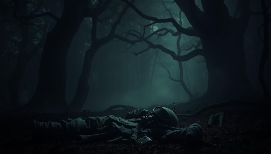 Uma cena mal iluminada e mal -humorada de um desaparecimento misterioso. Em primeiro plano, um uniforme militar e equipamento esfarrapado fica abandonado no chão da floresta, iluminado por uma luz macia e nebulosa filtrando o dossel acima. O meio termo está envolto em uma névoa grossa e enigmática, obscurecendo qualquer visão clara do ambiente. No fundo, árvores antigas e altas esticam seus galhos retorcidos e retorcidos, criando uma atmosfera de incerteza assustadora. A cena evoca uma sensação do desconhecido, as questões remanescentes em torno do destino do soldado que uma vez usavam esses itens, agora deixados para a contemplação silenciosa do deserto.