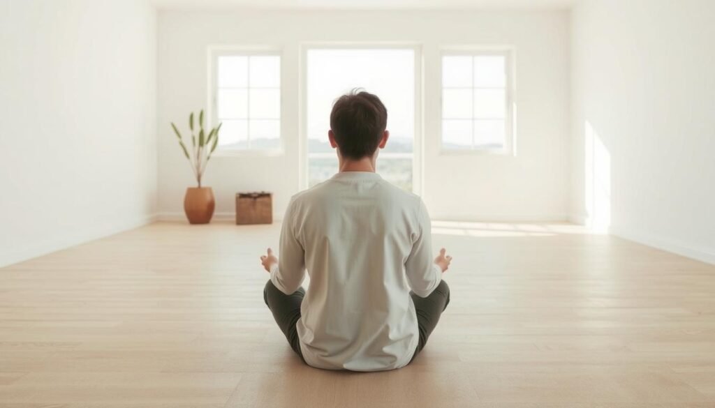 Uma cena pacífica e minimalista que descreve a psicologia do desapego. Em primeiro plano, uma figura serena fica de pernas cruzadas, mãos descansando levemente em seu colo, transmitindo uma sensação de calma e liberação interior. O meio termo apresenta uma sala escassa e organizada com tons suaves e linhas limpas, simbolizando a libertação que vem de possuir menos bens materiais. Em segundo plano, uma janela enquadra uma paisagem externa tranquila, sugerindo a liberdade expansiva que surge de adotar o minimalismo. A iluminação natural e macia banha a cena, criando uma atmosfera serena e contemplativa. A composição geral e o humor evocam os profundos benefícios psicológicos da organização e vida com menos.