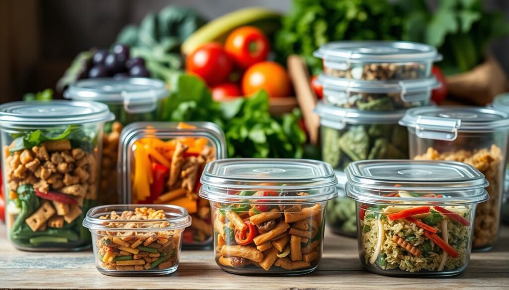 Uma coleção visualmente atraente e organizada de recipientes de preparação para refeições, mostrando uma variedade de pratos saudáveis e caseiros. Os recipientes são feitos de vidro transparente ou plástico, destacando as cores e texturas vibrantes dos alimentos. Os recipientes são colocados em uma superfície de madeira ou pedra, com uma iluminação macia e natural lançando um brilho quente. No fundo, uma imagem turva de produtos frescos, como folhas verdes, vegetais e frutas, cria uma sensação de um ambiente saudável e orgânico. A composição geral e o estilo transmitem uma sensação de praticidade, simplicidade e um compromisso com um estilo de vida nutritivo e equilibrado.