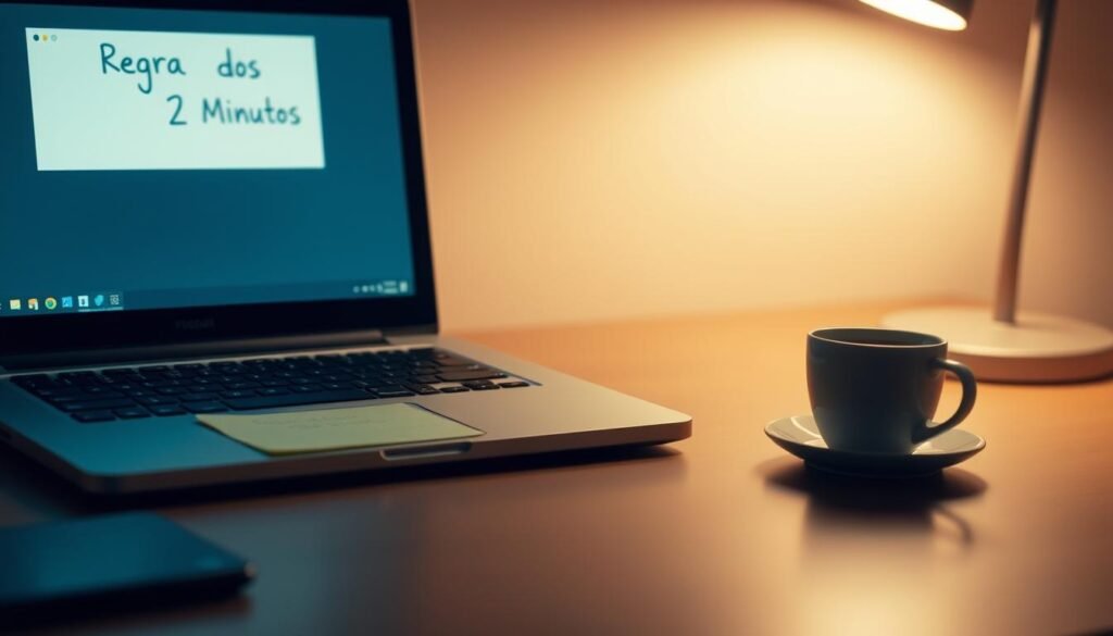 Uma configuração minimalista e focada na área de trabalho, com um laptop, uma xícara de café e uma nota pegajosa lendo "Regra do Dos 2 Minutos" em uma iluminação quente e moderada. A tela do laptop exibe uma lista de tarefas ou um calendário simples, transmitindo uma sensação de produtividade e foco orientado a tarefas. A cena é capturada de um ângulo ligeiramente elevado, criando uma sensação de calma e organização. O humor geral é de eficiência, clareza e uma abordagem deliberada para superar a procrastinação.