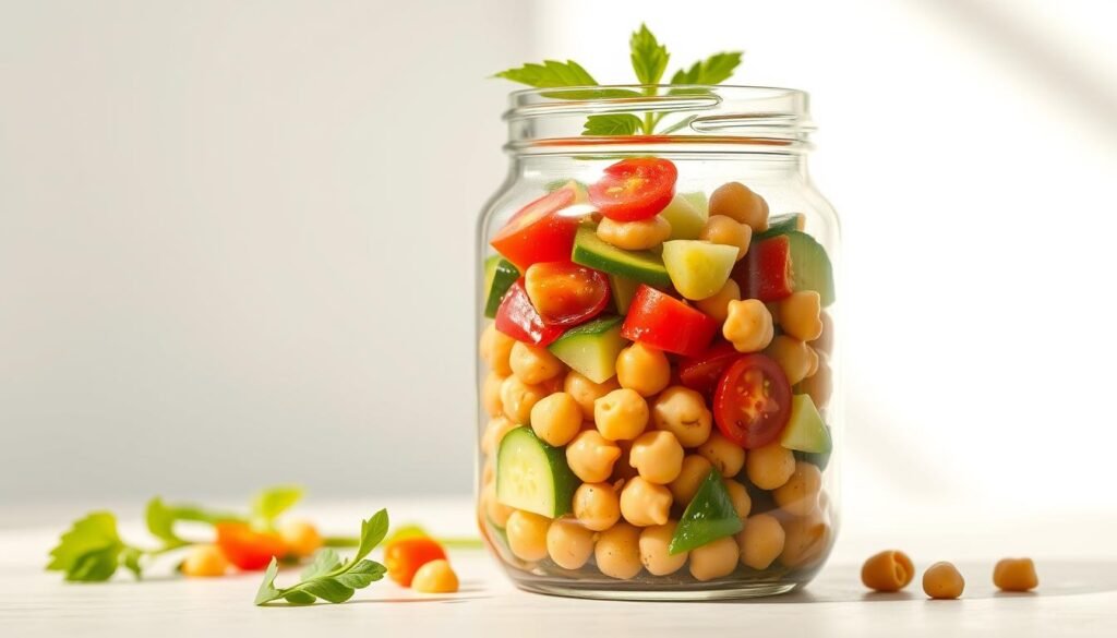 Uma deliciosa salada portátil de grão de bico em uma jarra de vidro, com um fundo brilhante e arejado. A salada apresenta vegetais vibrantes e frescos, como pepinos nítidos, tomates cereja suculentos e pimentão crocante, todos jogados em um vinagrete leve e picante. Os grão de bico são gordos e distribuídos uniformemente por toda a salada, adicionando uma textura satisfatória. A luz solar entra, lançando um brilho quente e convidativo e destacando a aparência fresca e saudável da salada. O frasco de vidro permite que as camadas e as cores da salada sejam claramente visíveis, tornando-a uma opção apetitosa e visualmente atraente de refeições.
