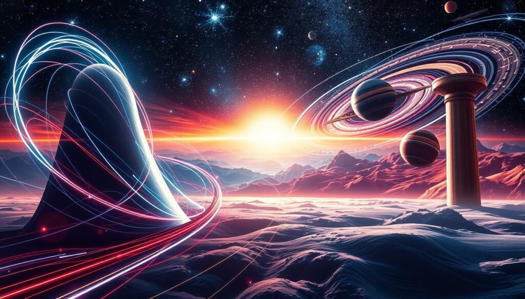 Uma ilustração cativante dos dois pilares da teoria da relatividade de Einstein. Em primeiro plano, uma representação elegante e futurista da teoria da relatividade especial, com linhas de energia entrelaçadas e formas vibrantes e dinâmicas. No meio termo, uma representação mais contemplativa da teoria da relatividade geral, apresentando uma paisagem celestial e abrangente com planetas e corpos celestes em movimento orbital gracioso. O fundo é preenchido com uma interação hipnotizante de luz e sombra, sugerindo as profundas idéias e complexidades subjacentes a essas teorias inovadoras. A composição geral transmite um senso de profundidade, equilíbrio e a unidade harmoniosa desses dois pilares da física moderna.