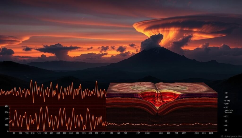 Uma ilustração detalhada mostrando as escalas de intensidade de terremotos de Richter e Mercalli. Em primeiro plano, uma série de formas de onda sísmica que descrevem a magnitude e a intensidade de tremores de terremotos, renderizados com precisão científica precisa. No meio termo, uma seção transversal do interior da Terra, destacando as placas tectônicas e as linhas de falha responsáveis pela geração de terremotos. O pano de fundo apresenta uma paisagem mal-humorada e em tons de crepúsculo com formações dramáticas em nuvens, transmitindo o poder e o drama desses fenômenos naturais. Iluminados por uma iluminação quente e difusa que lança longas sombras, a cena exala uma sensação de admiração e gravidade adequada ao assunto. Renderizado em um estilo fotográfico hiper-realista para educar e informar o espectador. Uma ilustração detalhada mostrando as escalas de intensidade de terremotos de Richter e Mercalli. Em primeiro plano, uma série de formas de onda sísmica que descrevem a magnitude e a intensidade de tremores de terremotos, renderizados com precisão científica precisa. No meio termo, uma seção transversal do interior da Terra, destacando as placas tectônicas e as linhas de falha responsáveis pela geração de terremotos. O pano de fundo apresenta uma paisagem mal-humorada e em tons de crepúsculo com formações dramáticas em nuvens, transmitindo o poder e o drama desses fenômenos naturais. Iluminados por uma iluminação quente e difusa que lança longas sombras, a cena exala uma sensação de admiração e gravidade adequada ao assunto. Renderizado em um estilo fotográfico hiper-realista para educar e informar o espectador.