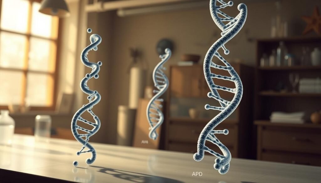 Uma ilustração detalhada que mostra as duas estruturas moleculares distintas do DNA, como descoberto pelo cientista pioneiro Rosalind Franklin. Em primeiro plano, uma renderização intrincada e precisa da icônica imagem de difração de raios-X "foto 51", capturando a hélice distintiva de forma B. No meio termo, uma visualização complementar da hélice A-form menos conhecida, com sua geometria sutilmente diferente. O pano de fundo apresenta um ambiente de laboratório científico suavemente iluminado, sugerindo a pesquisa inovadora e o domínio técnico necessário para descobrir esses segredos biológicos fundamentais. A cena geral transmite uma sensação de reverência pelas contribuições cruciais e subestimadas de Franklin para a descoberta histórica da estrutura de hélice dupla do DNA. Uma ilustração detalhada que mostra as duas estruturas moleculares distintas do DNA, como descoberto pelo cientista pioneiro Rosalind Franklin. Em primeiro plano, uma renderização intrincada e precisa da icônica imagem de difração de raios-X "foto 51", capturando a hélice distintiva de forma B. No meio termo, uma visualização complementar da hélice A-form menos conhecida, com sua geometria sutilmente diferente. O pano de fundo apresenta um ambiente de laboratório científico suavemente iluminado, sugerindo a pesquisa inovadora e o domínio técnico necessário para descobrir esses segredos biológicos fundamentais. A cena geral transmite uma sensação de reverência pelas contribuições cruciais e subestimadas de Franklin para a descoberta histórica da estrutura de hélice dupla do DNA.