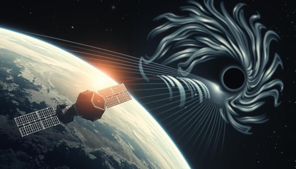Uma ilustração elegante e modernista que descreve aplicações práticas da teoria da relatividade de Einstein. Em primeiro plano, um satélite de precisão orbita a terra, seus painéis solares brilhando à luz do sol. No meio termo, um grande colisor de Hadron acelera as partículas, rastreando seus caminhos através de campos eletromagnéticos. No fundo, os redemoinhos de disco de acréscimo de um buraco negro, sua intensa gravidade distorcendo o tecido do espaço -tempo. A cena é apresentada em uma paleta tecnocrática e abafada, transmitindo o rigor científico e as idéias revolucionárias do trabalho inovador de Einstein.