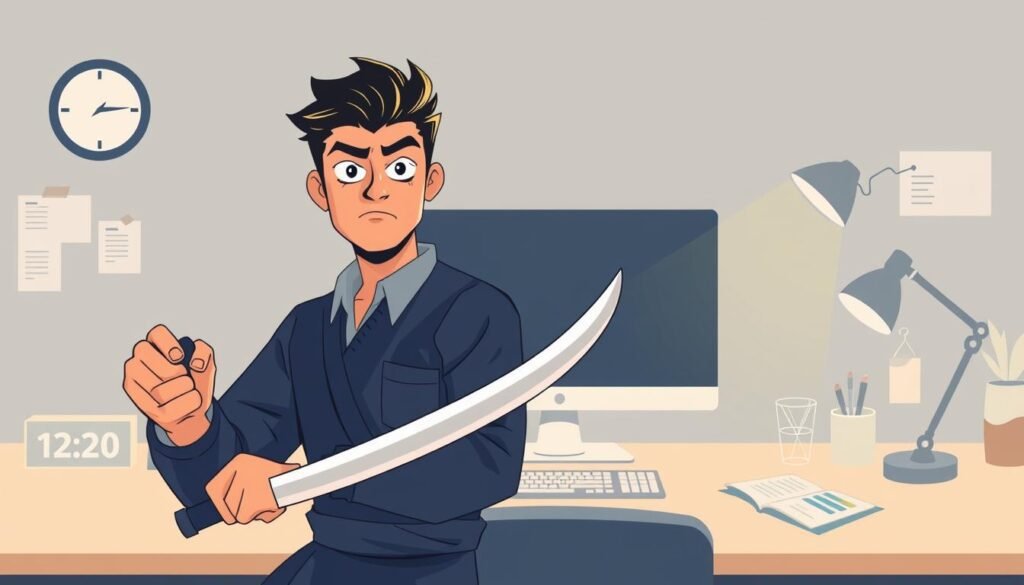 Uma ilustração estilizada representando duas abordagens estratégicas para superar a procrastinação no local de trabalho. Em primeiro plano, um indivíduo focado empunhando uma ferramenta de espada ninja, simbolizando uma mentalidade decisiva e orientada para a ação. No meio termo, uma figura mais contemplativa meditando, representando o poder da atenção plena e da autoconsciência. O plano de fundo possui um espaço de trabalho minimalista e limpo, com notas sutis de elementos que aumentam a produtividade, como um temporizador, uma lista de tarefas e um aplicativo de rastreamento de produtividade. O humor geral é de determinação, foco e um senso de domínio sobre a procrastinação, com uma estética limpa e moderna.