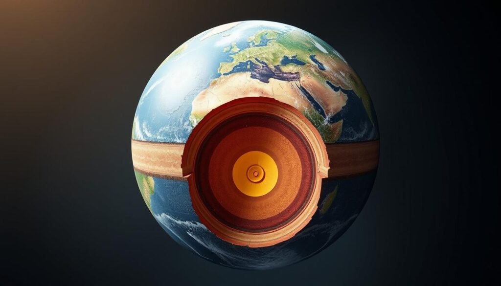 Uma ilustração transversal do interior da Terra, mostrando o epicentro e o hipocentro de terremotos. A imagem mostra a estrutura em camadas do planeta, com a crosta, o manto e o núcleo claramente definidos. O epicentro, a localização da superfície diretamente acima da origem do terremoto, é destacada com um marcador de destaque. O hipocentro, o ponto subterrâneo em que começa a ruptura do terremoto, também é visualmente representado, expondo as complexas forças tectônicas em jogo profundamente dentro da terra. A cena é iluminada por uma luz suave e natural, transmitindo um senso de exploração científica e descoberta geológica. A composição geral atinge um equilíbrio entre precisão técnica e apelo visual, servindo como um auxílio visual informativo e envolvente para o artigo. Uma ilustração transversal do interior da Terra, mostrando o epicentro e o hipocentro de terremotos. A imagem mostra a estrutura em camadas do planeta, com a crosta, o manto e o núcleo claramente definidos. O epicentro, a localização da superfície diretamente acima da origem do terremoto, é destacada com um marcador de destaque. O hipocentro, o ponto subterrâneo em que começa a ruptura do terremoto, também é visualmente representado, expondo as complexas forças tectônicas em jogo profundamente dentro da terra. A cena é iluminada por uma luz suave e natural, transmitindo um senso de exploração científica e descoberta geológica. A composição geral atinge um equilíbrio entre precisão técnica e apelo visual, servindo como um auxílio visual informativo e envolvente para o artigo.