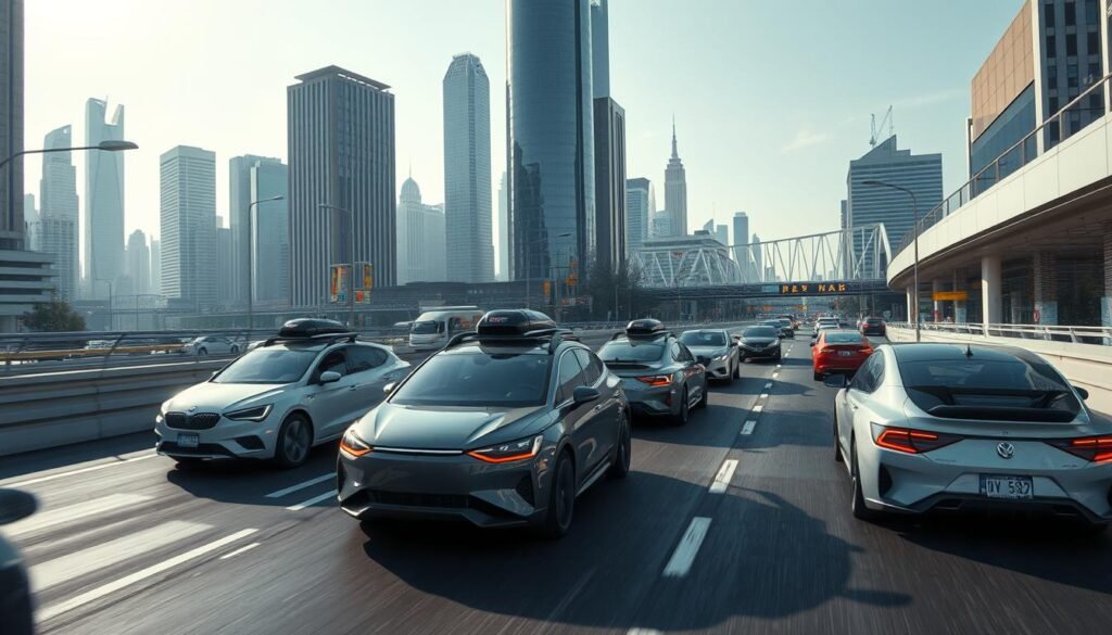 Uma imagem hiper-realista, altamente detalhada, cinematográfica e grande angular de uma paisagem urbana futurista movimentada, apresentando uma variedade de veículos autônomos navegando perfeitamente pelas estradas e arranha-céus em segundo plano. A cena tem uma estética elegante, minimalista e tecnologicamente avançada, com linhas limpas, detalhes metálicos e uma paleta de cores dominada por blues, cinzas e brancos. Os carros autônomos são exibidos em primeiro plano, utilizando sensores avançados, câmeras e sistemas de lidar para transportar passageiros com segurança e eficiência, sem motoristas humanos visíveis. A infraestrutura da cidade foi projetada para acomodar e integrar esses veículos autônomos, com faixas dedicadas, sistemas de tráfego inteligente e redes avançadas de comunicação. A atmosfera geral transmite um senso de inovação, eficiência e as emocionantes possibilidades de um futuro sem carros tradicionais operados pelo homem. Uma imagem hiper-realista, altamente detalhada, cinematográfica e grande angular de uma paisagem urbana futurista movimentada, apresentando uma variedade de veículos autônomos navegando perfeitamente pelas estradas e arranha-céus em segundo plano. A cena tem uma estética elegante, minimalista e tecnologicamente avançada, com linhas limpas, detalhes metálicos e uma paleta de cores dominada por blues, cinzas e brancos. Os carros autônomos são exibidos em primeiro plano, utilizando sensores avançados, câmeras e sistemas de lidar para transportar passageiros com segurança e eficiência, sem motoristas humanos visíveis. A infraestrutura da cidade foi projetada para acomodar e integrar esses veículos autônomos, com faixas dedicadas, sistemas de tráfego inteligente e redes avançadas de comunicação. A atmosfera geral transmite um senso de inovação, eficiência e as emocionantes possibilidades de um futuro sem carros tradicionais operados pelo homem.