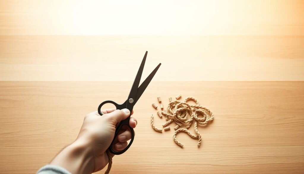 Uma imagem serena e minimalista, representando o processo de dividir uma grande tarefa em peças menores e mais gerenciáveis. Em primeiro plano, uma mão humana segura uma tesoura, cortando cuidadosamente uma corda grossa em seções menores. O meio termo mostra os fragmentos de corda espalhados por uma superfície lisa e de madeira, representando a tarefa que está sendo dividida. O pano de fundo é um gradiente suave e borrado, criando uma atmosfera calmante e focada. A iluminação quente e natural ilumina a cena, enfatizando a natureza atenciosa e deliberada do processo. A composição geral transmite um senso de progresso, empoderamento e conquista de desafios esmagadores.