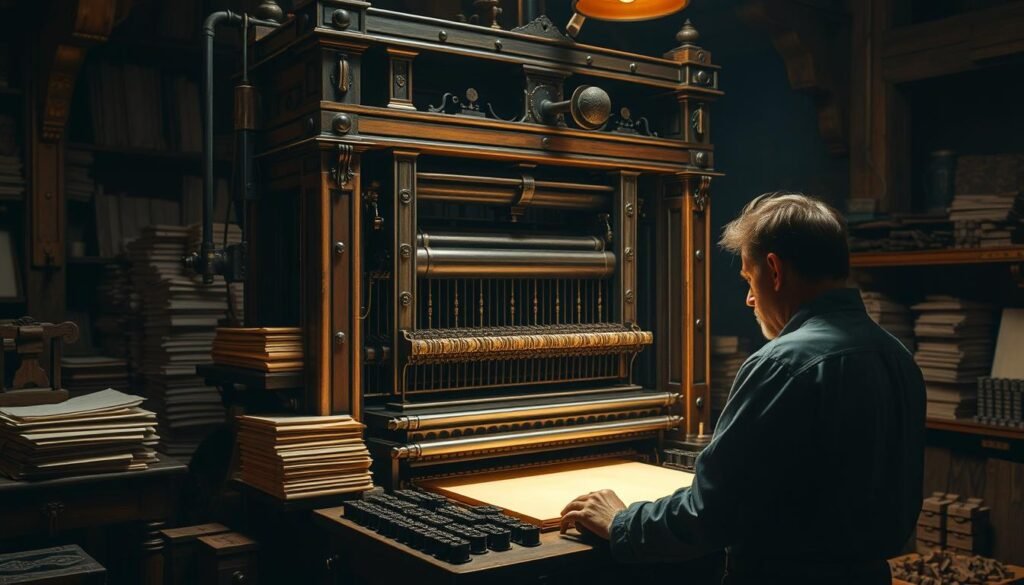 Uma impressão enorme e ornamentada está majestosamente em uma oficina pouco iluminada. A complexa estrutura de madeira e componentes de metal brilham na iluminação macia e quente, transmitindo uma sensação de habilidade e significado histórico. Pilhas de papel e pilhas de blocos de tipo de metal esculpido à mão envolvem a prensa, sugerindo o processo meticuloso de digitação manual. Em primeiro plano, uma impressora qualificada ajusta meticulosamente os rolos de tinta, o rosto iluminado pelo brilho da imprensa, exalando uma sensação de dedicação focada. O fundo está envolto em sombras, enfatizando o papel central da imprensa na imprensa neste momento crucial da revolução Gutenberg. Uma impressão enorme e ornamentada está majestosamente em uma oficina pouco iluminada. A complexa estrutura de madeira e componentes de metal brilham na iluminação macia e quente, transmitindo uma sensação de habilidade e significado histórico. Pilhas de papel e pilhas de blocos de tipo de metal esculpido à mão envolvem a prensa, sugerindo o processo meticuloso de digitação manual. Em primeiro plano, uma impressora qualificada ajusta meticulosamente os rolos de tinta, o rosto iluminado pelo brilho da imprensa, exalando uma sensação de dedicação focada. O fundo está envolto em sombras, enfatizando o papel central da imprensa na imprensa neste momento crucial da revolução Gutenberg.