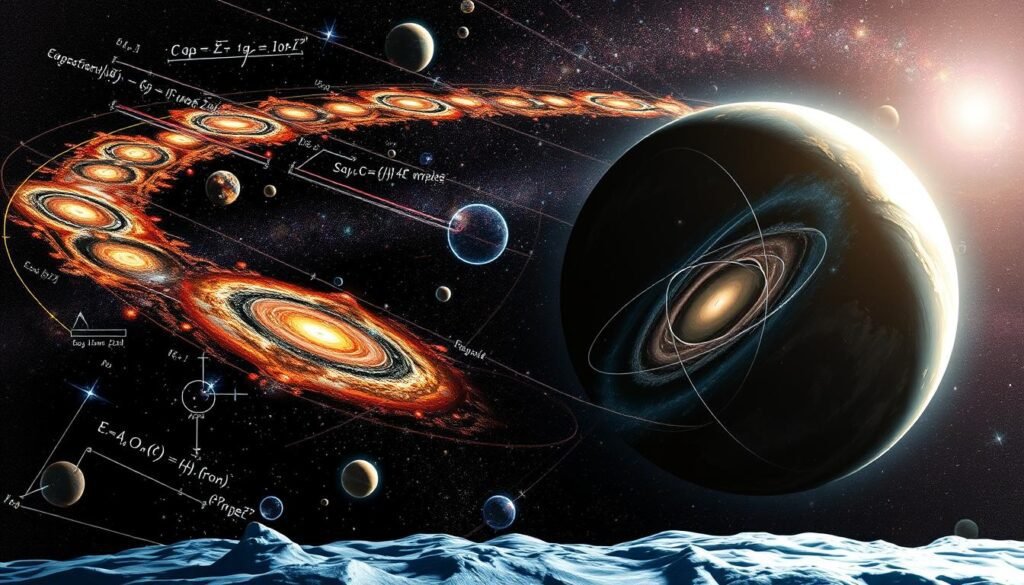 Uma intrincada visualização dos princípios fundamentais da teoria geral da relatividade de Einstein. Em primeiro plano, uma representação cativante de um corpo celestial maciço, seu imenso campo gravitacional distorcendo o próprio tecido do espaço-tempo ao seu redor. Equações matemáticas elegantes e diagramas flutuam etherealmente, ilustrando a curvatura do espaço -tempo e os mecanismos pelos quais a gravidade surge da distorção da quarta dimensão. No meio termo, uma paisagem cósmica impressionante, com galáxias e nebulosas girando em meio à escuridão da tinta, seus caminhos curvados e torcidos pelo efeito de lente gravitacional. O fundo é preenchido com uma variedade caleidoscópica de formas e padrões geométricos coloridos, representando a complexa estrutura teórica subjacente a essa teoria inovadora do universo.