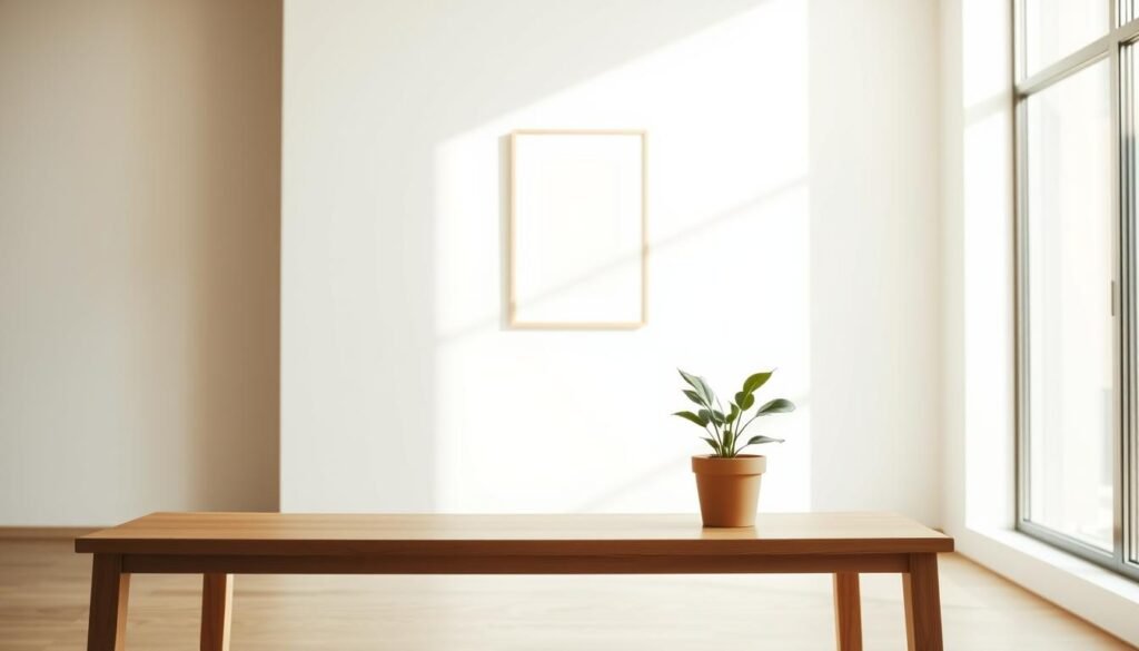 Uma jornada minimalista e passo a passo se desenrola em um interior sereno e cheio de luz. Em primeiro plano, uma mesa de madeira forrada limpa segura uma única planta em vasos, suas folhas balançando suavemente. O meio termo possui uma parede monocromática, com uma simples obra de arte emoldurada em perfeita simetria. A luz macia e natural entra através de uma grande janela, lançando sombras quentes e destaques que acentuam a simplicidade tranquila da sala. A atmosfera geral é de calma, foco e a busca organizada por itens essenciais. A imagem transmite um senso de clareza, intenção e o abraço deliberado de um estilo de vida minimalista.