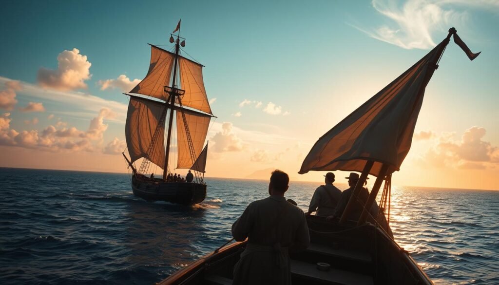 Uma majestosa caravela do século XV navega pelo Atlântico ilimitado, suas velas ondulando ao vento. Em primeiro plano, Christopher Columbus e sua tripulação olham atentamente para o horizonte distante, onde surge a silhueta de uma misteriosa nova massa de terra. O sol lança um brilho quente e dourado sobre a cena, sugerindo a importante descoberta por vir. Nuvens finas flutuam no alto, acrescentando uma sensação de tranquilidade à viagem histórica. O casco de madeira do navio e o equipamento intrincado são renderizados com detalhes requintados, capturando o artesanato da época. Esta Vista de tirar o fôlego encapsula o drama e a expectativa da terceira e última jornada de Columbus para o Novo Mundo. Uma majestosa caravela do século XV navega pelo Atlântico ilimitado, suas velas ondulando ao vento. Em primeiro plano, Christopher Columbus e sua tripulação olham atentamente para o horizonte distante, onde surge a silhueta de uma misteriosa nova massa de terra. O sol lança um brilho quente e dourado sobre a cena, sugerindo a importante descoberta por vir. Nuvens finas flutuam no alto, acrescentando uma sensação de tranquilidade à viagem histórica. O casco de madeira do navio e o equipamento intrincado são renderizados com detalhes requintados, capturando o artesanato da época. Esta Vista de tirar o fôlego encapsula o drama e a expectativa da terceira e última jornada de Columbus para o Novo Mundo.