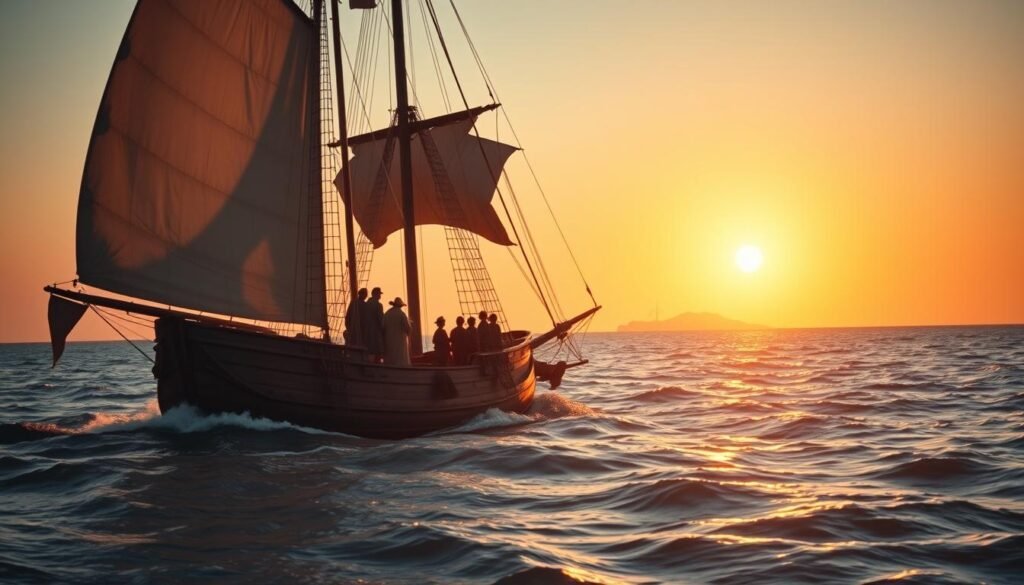 Uma majestosa caravela do século XV navegando pelos mares abertos, suas velas ondulando ao vento. Em primeiro plano, Christopher Columbus e sua tripulação estão no convés, seus rostos cheios de uma sensação de admiração e antecipação enquanto olham para o horizonte. A luz quente e dourada do sol poente banha a cena, lançando uma atmosfera nebulosa e nostálgica. No meio termo, as ondas gentilmente contornam o casco do navio, enquanto estão à distância, a silhueta de uma massa de terra distante emerge, sugerindo o novo mundo que aguarda. A composição é equilibrada, com o navio e seus ocupantes ocupando o centro do palco, e os elementos naturais do mar e do céu, fornecendo um cenário cativante. Uma majestosa caravela do século XV navegando pelos mares abertos, suas velas ondulando ao vento. Em primeiro plano, Christopher Columbus e sua tripulação estão no convés, seus rostos cheios de uma sensação de admiração e antecipação enquanto olham para o horizonte. A luz quente e dourada do sol poente banha a cena, lançando uma atmosfera nebulosa e nostálgica. No meio termo, as ondas gentilmente contornam o casco do navio, enquanto estão à distância, a silhueta de uma massa de terra distante emerge, sugerindo o novo mundo que aguarda. A composição é equilibrada, com o navio e seus ocupantes ocupando o centro do palco, e os elementos naturais do mar e do céu, fornecendo um cenário cativante.