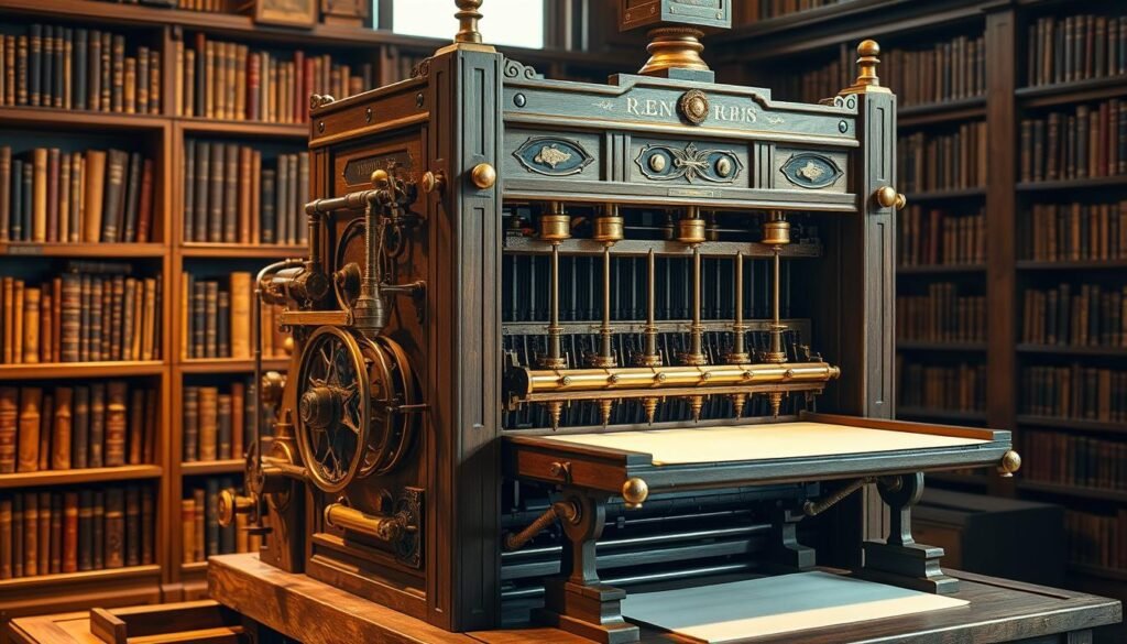 Uma majestosa prensa de impressão do século XV, sua estrutura ornamentada de madeira e acessórios de latão brilhando sob iluminação quente e dourada. As intrincadas engrenagens e alavancas estão prontas para pressionar a tinta no papel, inaugurando uma nova era de comunicação de massa. Em segundo plano, prateleiras de livros cuidadosamente ligados sugerem o vasto repositório de conhecimento que esta máquina ajudará a disseminar. Um senso de história e inovação permeia a cena, capturando o espírito transformador da invenção inovadora de Gutenberg. Uma majestosa prensa de impressão do século XV, sua estrutura ornamentada de madeira e acessórios de latão brilhando sob iluminação quente e dourada. As intrincadas engrenagens e alavancas estão prontas para pressionar a tinta no papel, inaugurando uma nova era de comunicação de massa. Em segundo plano, prateleiras de livros cuidadosamente ligados sugerem o vasto repositório de conhecimento que esta máquina ajudará a disseminar. Um senso de história e inovação permeia a cena, capturando o espírito transformador da invenção inovadora de Gutenberg.