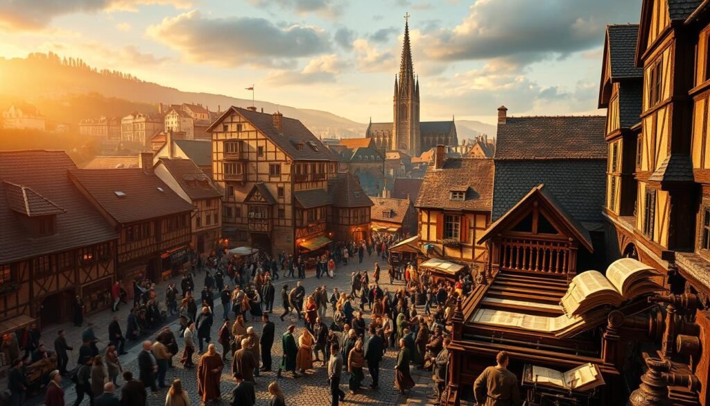 Uma movimentada paisagem municipal medieval européia, iluminada por iluminação quente e natural. Em primeiro plano, uma movimentada praça da cidade cheia de pessoas reunidas em torno de uma prensa de impressão recém -instalada, seus intrincados mecanismos e páginas rolando a pressão capturando sua atenção extasiada. No meio termo, as ruas de paralelepípedos enroladas são alinhadas com edifícios semi-remexidos, comerciantes e estudiosos correndo para frente e para cá, compartilhando notícias e idéias. À distância, uma pináculo da Grande Catedral aumenta majestosamente, simbolizando a disseminação do conhecimento e a palavra impressa. Uma atmosfera de emoção e possibilidade permeia a cena, à medida que a tecnologia revolucionária da Press de Printing Gutenberg se mantém e transforma o cenário da Europa. Uma movimentada paisagem municipal medieval européia, iluminada por iluminação quente e natural. Em primeiro plano, uma movimentada praça da cidade cheia de pessoas reunidas em torno de uma prensa de impressão recém -instalada, seus intrincados mecanismos e páginas rolando a pressão capturando sua atenção extasiada. No meio termo, as ruas de paralelepípedos enroladas são alinhadas com edifícios semi-remexidos, comerciantes e estudiosos correndo para frente e para cá, compartilhando notícias e idéias. À distância, uma pináculo da Grande Catedral aumenta majestosamente, simbolizando a disseminação do conhecimento e a palavra impressa. Uma atmosfera de emoção e possibilidade permeia a cena, à medida que a tecnologia revolucionária da Press de Printing Gutenberg se mantém e transforma o cenário da Europa.