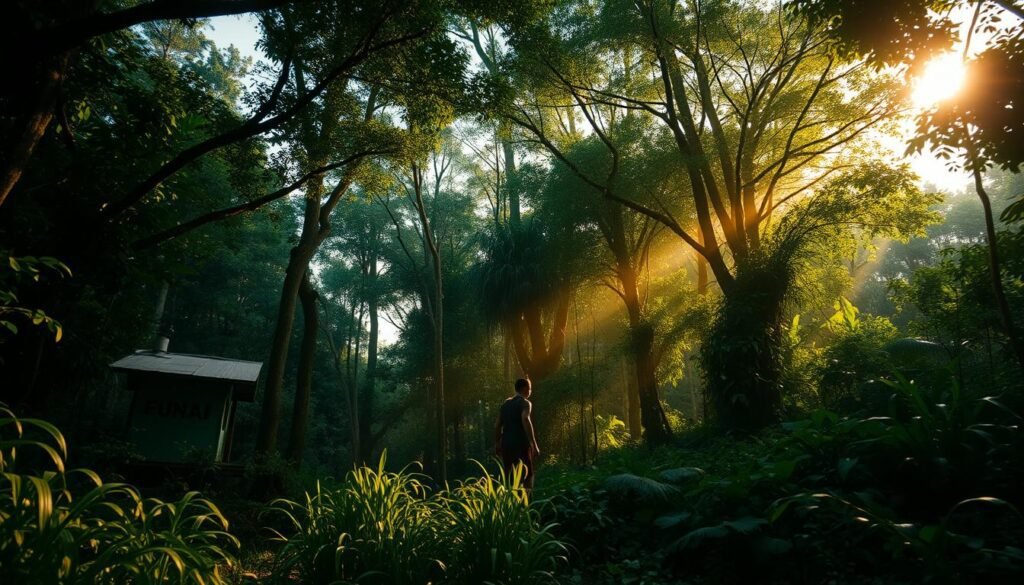 Uma paisagem amazônica exuberante e densamente arborizada, com um posto avançado de monitoramento de Funai em primeiro plano. A luz solar filtra o verdejante dossel, lançando um brilho quente e dourado na cena. À distância, uma figura solitária, a última sobrevivente de uma tribo indígena, emerge da vegetação rasteira, sua silhueta emoldurada pelas árvores imponentes. A atmosfera é de descoberta, de preservar um modo de vida frágil à beira da extinção. O ângulo da câmera é uma perspectiva baixa e cinematográfica, atraindo o espectador para o ambiente imersivo e quase sobrenatural. Uma paisagem amazônica exuberante e densamente arborizada, com um posto avançado de monitoramento de Funai em primeiro plano. A luz solar filtra o verdejante dossel, lançando um brilho quente e dourado na cena. À distância, uma figura solitária, a última sobrevivente de uma tribo indígena, emerge da vegetação rasteira, sua silhueta emoldurada pelas árvores imponentes. A atmosfera é de descoberta, de preservar um modo de vida frágil à beira da extinção. O ângulo da câmera é uma perspectiva baixa e cinematográfica, atraindo o espectador para o ambiente imersivo e quase sobrenatural.