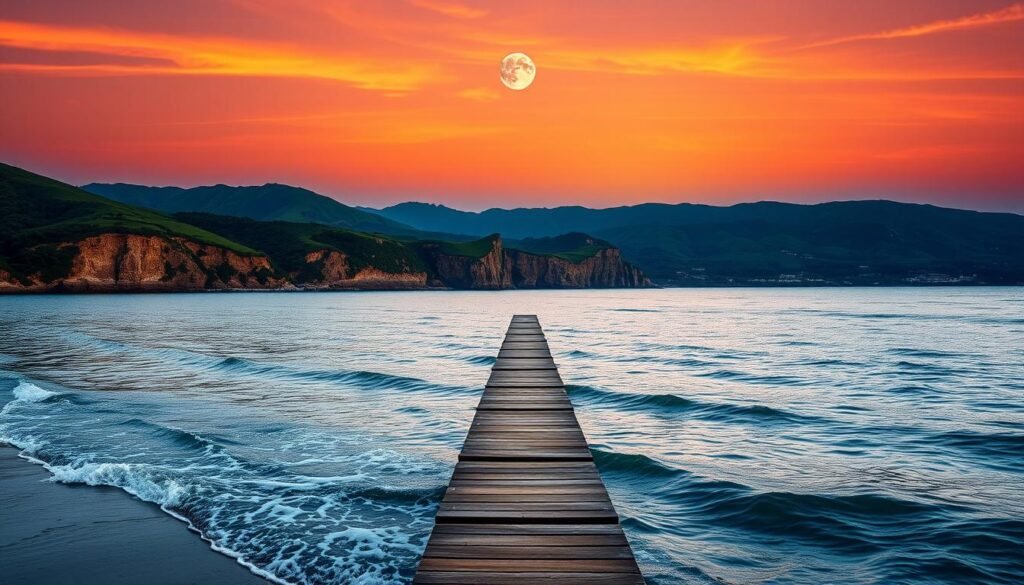 Uma paisagem costeira serena em uma noite clara, com a lua e o sol perfeitamente alinhados acima do horizonte. A maré é alta, ondas gentilmente lambendo a costa. Em primeiro plano, um longo píer de madeira se estende nas águas calmas e reflexivas. O meio termo apresenta penhascos exuberantes e verdejantes e colinas, banhadas no brilho quente do sol poente. O fundo é dominado por um céu dramático, pintado em tons de laranja, rosa e índigo, enquanto os corpos celestes orquestram sua dança cósmica. A cena evoca uma sensação de tranquilidade e admiração, capturando perfeitamente a essência da "Marés de Sizgia" - as marés mais altas e mais baixas, quando os puxões gravitacionais da lua e do sol estão em perfeito alinhamento. Uma paisagem costeira serena em uma noite clara, com a lua e o sol perfeitamente alinhados acima do horizonte. A maré é alta, ondas gentilmente lambendo a costa. Em primeiro plano, um longo píer de madeira se estende nas águas calmas e reflexivas. O meio termo apresenta penhascos exuberantes e verdejantes e colinas, banhadas no brilho quente do sol poente. O fundo é dominado por um céu dramático, pintado em tons de laranja, rosa e índigo, enquanto os corpos celestes orquestram sua dança cósmica. A cena evoca uma sensação de tranquilidade e admiração, capturando perfeitamente a essência da "Marés de Sizgia" - as marés mais altas e mais baixas, quando os puxões gravitacionais da lua e do sol estão em perfeito alinhamento.