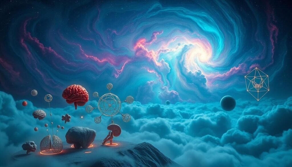 Uma paisagem de sonho se desenrola, com nebulosas em turbilhões de tons vibrantes pintando o céu noturno. Em primeiro plano, uma coleção de modelos e diagramas anatômicos flutuam sem peso, representando o funcionamento intrincado do cérebro humano. A iluminação macia e etérea ilumina a cena, lançando um brilho de outro mundo. O meio termo apresenta uma coleção de teorias e conceitos neurocientíficos, renderizados em delicados displays holográficos. O pano de fundo mostra um ambiente sereno e contemplativo, com formas geométricas flutuantes e padrões abstratos sugerindo a complexidade e o mistério da mente humana e seu funcionamento interno. A atmosfera geral evoca um sentimento de admiração, exploração e a busca de entender a natureza enigmática dos sonhos.