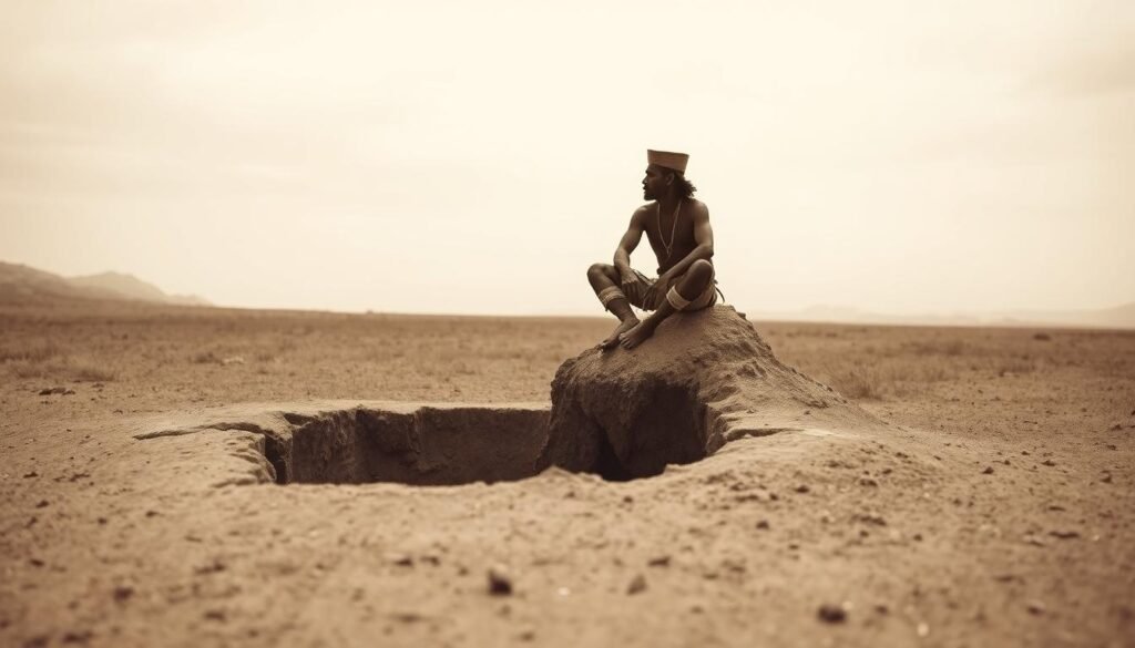 Uma paisagem desolada e varrida pelo vento em tons de sépia. Em primeiro plano, uma figura indígena solitária, um homem conhecido como "Hole Man", fica de pernas cruzadas no topo de um pequeno monte, olhando para a distância com uma expressão pensativa. O meio-termo revela um poço de terra e terra, suas bordas em ruínas, um testemunho de sua existência solitária. O fundo desaparece em um horizonte nebuloso, pontuado pelas silhuetas de colinas distantes e um céu sombrio e nublado. A iluminação é macia e difusa, lançando longas sombras que acentuam o isolamento da figura. O humor geral é de melancolia e contemplação, espelhando o modo de vida solitário e precário do sujeito. Uma paisagem desolada e varrida pelo vento em tons de sépia. Em primeiro plano, uma figura indígena solitária, um homem conhecido como "Hole Man", fica de pernas cruzadas no topo de um pequeno monte, olhando para a distância com uma expressão pensativa. O meio-termo revela um poço de terra e terra, suas bordas em ruínas, um testemunho de sua existência solitária. O fundo desaparece em um horizonte nebuloso, pontuado pelas silhuetas de colinas distantes e um céu sombrio e nublado. A iluminação é macia e difusa, lançando longas sombras que acentuam o isolamento da figura. O humor geral é de melancolia e contemplação, espelhando o modo de vida solitário e precário do sujeito.