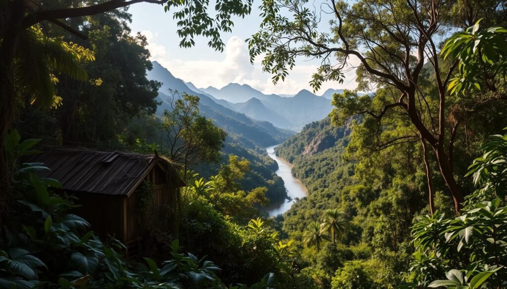 Uma paisagem exuberante e remota da floresta tropical do território indígena Tanaru. Em primeiro plano, uma cabana solitária e desgastada fica em meio a um emaranhado de folhagem verdejante e videiras. A luz solar filtra através do denso dossel, lançando sombras manchadas no chão da floresta. No meio termo, um rio sinuoso serpenteia pela vegetação rasteira, suas águas tranquilas refletindo as árvores altas acima. À distância, as montanhas acidentadas se levantam, seus picos embrulhados em névoa. A atmosfera é de solidão silenciosa, uma sensação de isolamento e a luta para preservar esse ecossistema delicado e ameaçado. A cena transmite a profunda conexão entre o último membro desta tribo indígena e a terra que sustentou seu povo por gerações. Uma paisagem exuberante e remota da floresta tropical do território indígena Tanaru. Em primeiro plano, uma cabana solitária e desgastada fica em meio a um emaranhado de folhagem verdejante e videiras. A luz solar filtra através do denso dossel, lançando sombras manchadas no chão da floresta. No meio termo, um rio sinuoso serpenteia pela vegetação rasteira, suas águas tranquilas refletindo as árvores altas acima. À distância, as montanhas acidentadas se levantam, seus picos embrulhados em névoa. A atmosfera é de solidão silenciosa, uma sensação de isolamento e a luta para preservar esse ecossistema delicado e ameaçado. A cena transmite a profunda conexão entre o último membro desta tribo indígena e a terra que sustentou seu povo por gerações.