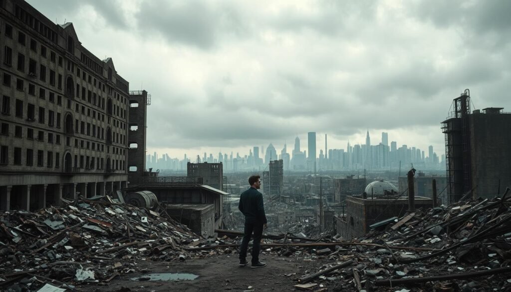 Uma paisagem financeira devastada por crise, com edifícios em ruínas, fábricas abandonadas e uma sensação de desolação que permeia o ar. Em primeiro plano, uma figura solitária fica em meio às ruínas, sua silhueta lançada contra um céu sombrio e nublado. O meio termo é um mar de detritos, janelas quebradas e máquinas enferrujadas, transmitindo as consequências imediatas do colapso econômico. Em segundo plano, um horizonte da cidade que outrora atrevido desaparece ao longe, suas torres e pináculos agora sombras de seus antigos eus. A cena é banhada em uma paleta abafada e dessaturada, evocando um humor sombrio e melancólico. A iluminação cinematográfica e uma estética estética de alto contraste aumentam a sensação de desespero e o peso das consequências da crise financeira.