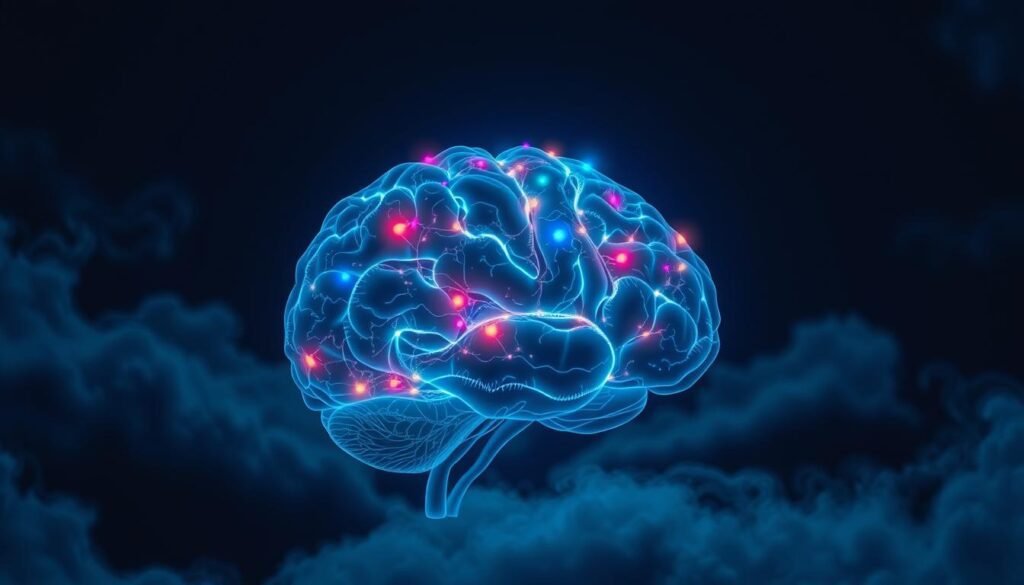 Uma paisagem serena do cérebro à noite, com um ciclo de sono REM brilhante como o foco central. O córtex cerebral é iluminado, mostrando redes neurais intrincadas pulsando com atividade. Flashes sinápticos coloridos dançam pelo cérebro, imitando as imagens vívidas de um sonho. A iluminação suave e ambiente lança um humor contemplativo, enquanto nuvens finas de atividade neural giram ao fundo. A cena transmite os profundos mistérios da mente subconsciente e a maravilha do "cinema" do cérebro adormecido.