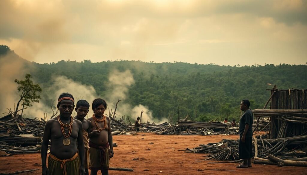 Uma paisagem sombria em Rondônia, Brasil, onde a história sombria do genocídio indígena lança uma sombra pesada. Em primeiro plano, um grupo de povos indígenas, seus rostos gravados com tristeza e demissão, fica em meio aos remanescentes de sua vila dizimada. O meio termo está envolto em uma névoa de fumaça e poeira, sugerindo a violência que aconteceu. No fundo distante, a exuberante e verdejante floresta tropical é uma testemunha silenciosa da tragédia que se desenrolou. A cena é iluminada por uma luz dourada e abafada, criando uma atmosfera sombria e melancólica que reflete o peso dessa injustiça histórica. Uma paisagem sombria em Rondônia, Brasil, onde a história sombria do genocídio indígena lança uma sombra pesada. Em primeiro plano, um grupo de povos indígenas, seus rostos gravados com tristeza e demissão, fica em meio aos remanescentes de sua vila dizimada. O meio termo está envolto em uma névoa de fumaça e poeira, sugerindo a violência que aconteceu. No fundo distante, a exuberante e verdejante floresta tropical é uma testemunha silenciosa da tragédia que se desenrolou. A cena é iluminada por uma luz dourada e abafada, criando uma atmosfera sombria e melancólica que reflete o peso dessa injustiça histórica.