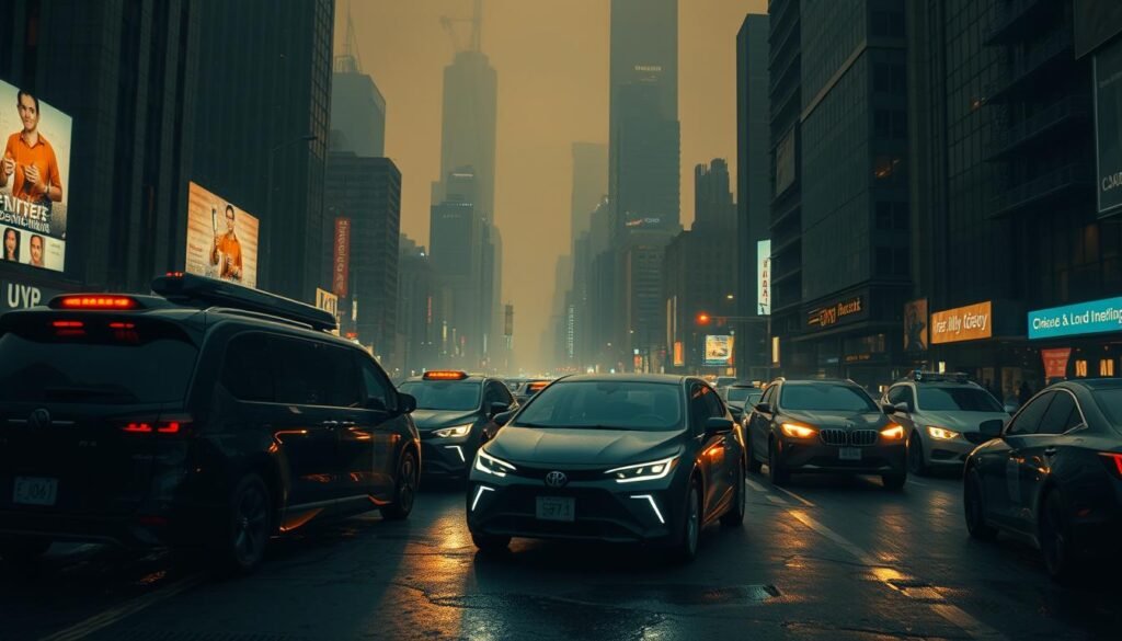 Uma paisagem urbana mal iluminada, com arranha -céus e ruas movimentadas. Em primeiro plano, um grupo de veículos autônomos navega pelo congestionamento, seus sensores e câmeras sondando o meio ambiente. Os veículos parecem elegantes e futuristas, mas existem obstáculos e desafios visíveis que devem superar - buracos, pedestres, condições climáticas imprevisíveis e a integração com a infraestrutura existente. A cena transmite um sentimento de incerteza e complexidade, sugerindo os obstáculos tecnológicos e logísticos que devem ser abordados antes que os veículos autônomos possam se tornar uma realidade onipresente. A iluminação em tons quentes lança longas sombras, criando uma atmosfera sombria e contemplativa. Uma paisagem urbana mal iluminada, com arranha -céus e ruas movimentadas. Em primeiro plano, um grupo de veículos autônomos navega pelo congestionamento, seus sensores e câmeras sondando o meio ambiente. Os veículos parecem elegantes e futuristas, mas existem obstáculos e desafios visíveis que devem superar - buracos, pedestres, condições climáticas imprevisíveis e a integração com a infraestrutura existente. A cena transmite um sentimento de incerteza e complexidade, sugerindo os obstáculos tecnológicos e logísticos que devem ser abordados antes que os veículos autônomos possam se tornar uma realidade onipresente. A iluminação em tons quentes lança longas sombras, criando uma atmosfera sombria e contemplativa.