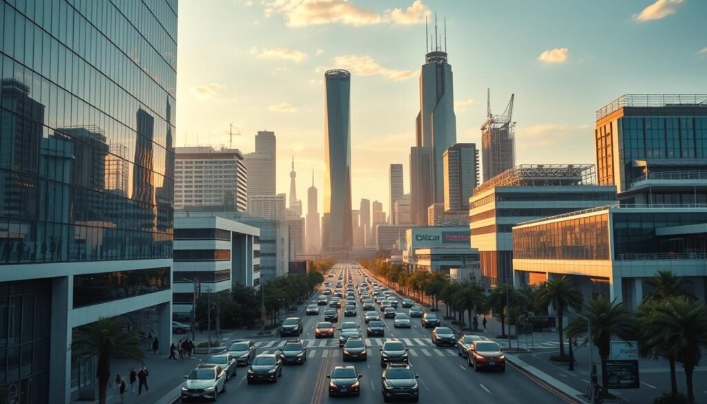 Uma paisagem urbana movimentada mostrando a sede das principais empresas de tecnologia. Em primeiro plano, edifícios de escritórios modernos e elegantes, com linhas limpas e janelas do chão ao teto, refletem o céu e o ambiente circundante. No meio termo, os veículos autônomos navegam pelas ruas, fundindo -se perfeitamente com carros e pedestres tradicionais. O pano de fundo apresenta uma mistura de arranha-céus, instalações de pesquisa e desenvolvimento e motivos de teste de última geração, todos iluminados por uma luz quente e dourada que cria um sentimento de progresso e inovação. A cena transmite o estado atual da indústria de veículos autônomos, onde as empresas de tecnologia estão na vanguarda de moldar o futuro do transporte. Uma paisagem urbana movimentada mostrando a sede das principais empresas de tecnologia. Em primeiro plano, edifícios de escritórios modernos e elegantes, com linhas limpas e janelas do chão ao teto, refletem o céu e o ambiente circundante. No meio termo, os veículos autônomos navegam pelas ruas, fundindo -se perfeitamente com carros e pedestres tradicionais. O pano de fundo apresenta uma mistura de arranha-céus, instalações de pesquisa e desenvolvimento e motivos de teste de última geração, todos iluminados por uma luz quente e dourada que cria um sentimento de progresso e inovação. A cena transmite o estado atual da indústria de veículos autônomos, onde as empresas de tecnologia estão na vanguarda de moldar o futuro do transporte.