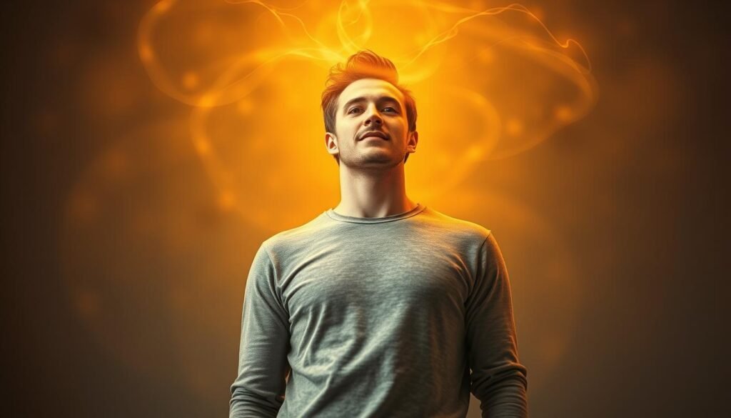 Uma pessoa confiante em pé, superando sua natureza tímida e tendências perfeccionistas. Eles estão cercados por energia etérea em turbilhão, representando a jornada interna de auto-aceitação e crescimento. A iluminação quente e dourada ilumina seu rosto, transmitindo uma sensação de empoderamento e paz interior. O fundo é suavemente borrado, mantendo o foco no momento transformador da figura central. A composição é equilibrada, com o sujeito posicionado um pouco fora do centro, criando um senso de dinamismo. A lente é um pouco grande, capturando uma sensação de presença e determinação da pessoa.