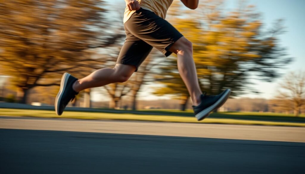 Uma pessoa correndo energicamente no lugar, suas pernas e braços se movendo em um movimento rítmico e rápido. A cena é capturada em uma perspectiva bem iluminada e close-up, mostrando o intenso esforço e se concentra no rosto do corredor. O pano de fundo é borrado, criando um senso de movimento e ênfase no próprio exercício. A iluminação é quente e natural, lançando um brilho suave sobre o indivíduo, destacando sua determinação e a simplicidade desse treino eficaz e sem equipamentos.