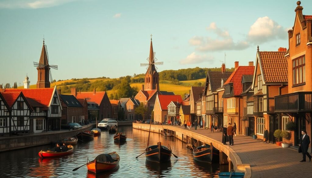 Uma pitoresca paisagem holandesa do século XVII, banhada em luz quente e dourada. Em primeiro plano, um canal pitoresco com barcaças coloridas e gôndolas à deriva preguiçosamente. Casas encantadoras com telhados ornamentados de duas águas e grandes janelas de sacada alinham os bancos, suas fachadas refletindo nas águas paradas. As imponentes ãos e moinhos de vento da igreja pontuam o meio termo, enquanto, à distância, as colinas rolantes pontilhadas de vegetação exuberante criam uma cena pacífica e pastoral. As ruas de paralelepípedos estão movimentadas com figuras bem vestidas - comerciantes, aristocratas e moradores que passam por suas vidas diárias. Uma atmosfera de prosperidade e tranquilidade permeia o cenário idílico, capturando a essência da era de ouro holandesa.
