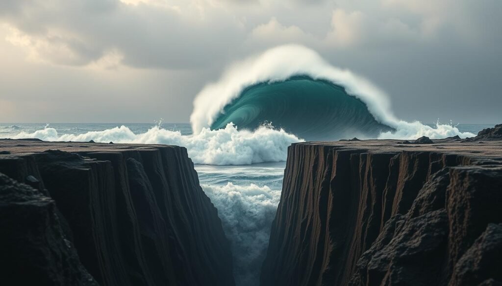 Uma representação dramática de vários tipos de terremotos, mostrando suas características e efeitos únicos. Em primeiro plano, um poderoso terremoto de falha de escorregamento rompe o chão, criando um abismo dramático. No meio termo, um terremoto da zona de subducção desencadeia uma onda de tsunami imponente. No fundo distante, um terremoto de foco profundo ronca, suas ondas de choque ondulando pelo manto da Terra. A cena é banhada em uma iluminação cinematográfica e sombria, aumentando o sentido das forças geológicas em movimento. Capturado com uma lente grande angular para transmitir a escala e a grandeza desses fenômenos naturais. Uma representação dramática de vários tipos de terremotos, mostrando suas características e efeitos únicos. Em primeiro plano, um poderoso terremoto de falha de escorregamento rompe o chão, criando um abismo dramático. No meio termo, um terremoto da zona de subducção desencadeia uma onda de tsunami imponente. No fundo distante, um terremoto de foco profundo ronca, suas ondas de choque ondulando pelo manto da Terra. A cena é banhada em uma iluminação cinematográfica e sombria, aumentando o sentido das forças geológicas em movimento. Capturado com uma lente grande angular para transmitir a escala e a grandeza desses fenômenos naturais.