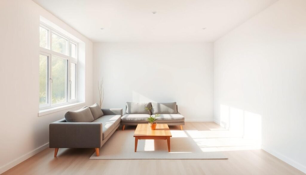 Uma sala de estar minimalista com linhas limpas, a luz natural transmitindo por janelas grandes e um foco na simplicidade. Um sofá cinza e de baixo perfil leva o centro do palco, complementado por uma mesa de café de madeira e uma única planta bem colocada em vasos. As paredes são pintadas com uma sombra macia e neutra, criando uma atmosfera calmante e organizada. A sala é capturada de um ângulo ligeiramente elevado, enfatizando a sensação de espaço aberto e tranquilidade. A iluminação suave e difusa lança um brilho quente, aumentando o ambiente sereno e convidativo geral.