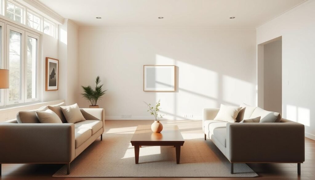 Uma sala de estar tranquila e minimalista, com iluminação natural, fluindo através de grandes janelas. Em primeiro plano, um sofá e poltrona confortáveis ​​em tons suaves, posicionados para enfatizar o espaço aberto e as linhas limpas. Nas paredes, algumas obras de arte cuidadosamente selecionadas em quadros simples. No meio termo, uma mesa de café baixa e de madeira com uma única planta em vasos, refletindo a harmonia do espaço. O fundo apresenta uma parede neutra e organizada, criando uma sensação de abertura e calma. A atmosfera geral evoca um estilo de vida sereno e não onerado, livre das restrições do excesso material.