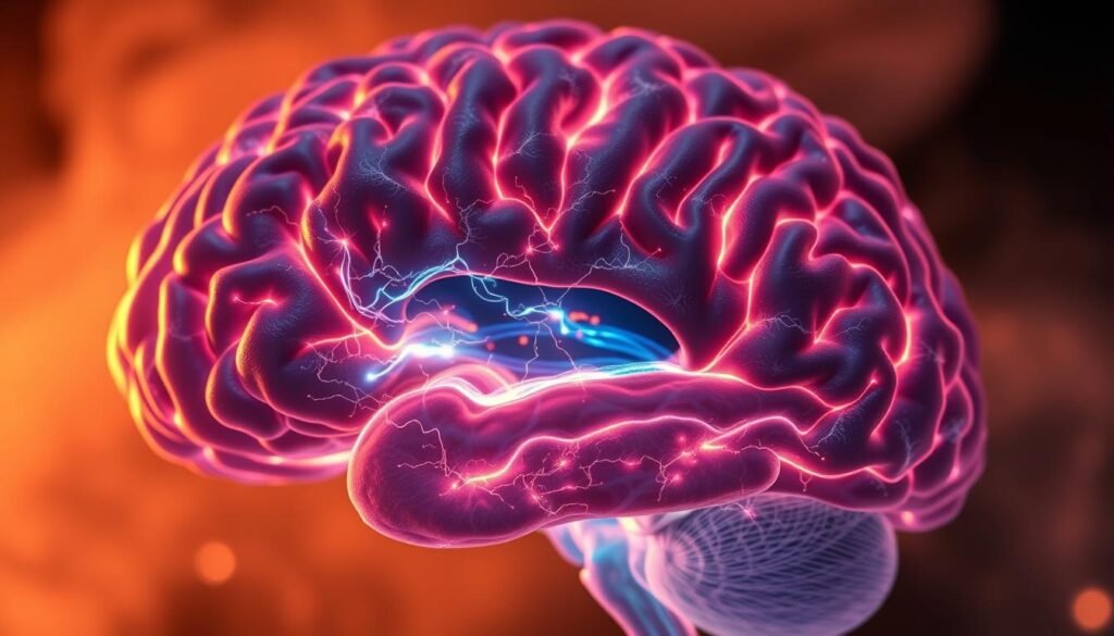Uma seção transversal detalhada do cérebro humano, iluminada por iluminação macia e quente que destaca as intrincadas redes neuronais e a atividade sináptica. O primeiro plano mostra as regiões corticais do cérebro, com redemoinhos vibrantes de impulsos elétricos dançando na superfície, representando os processos neurológicos dinâmicos associados ao estado dos sonhos. O meio termo revela as estruturas mais profundas, como o hipocampo e a amígdala, que desempenham papéis cruciais na consolidação da memória e no processamento emocional durante o sono. Em segundo plano, um brilho nebuloso e etéreo envolve a cena, transmitindo a natureza misteriosa e cativante da mente subconsciente no trabalho. A composição geral evoca um senso de exploração científica e a maravilha do funcionamento interno da mente humana.