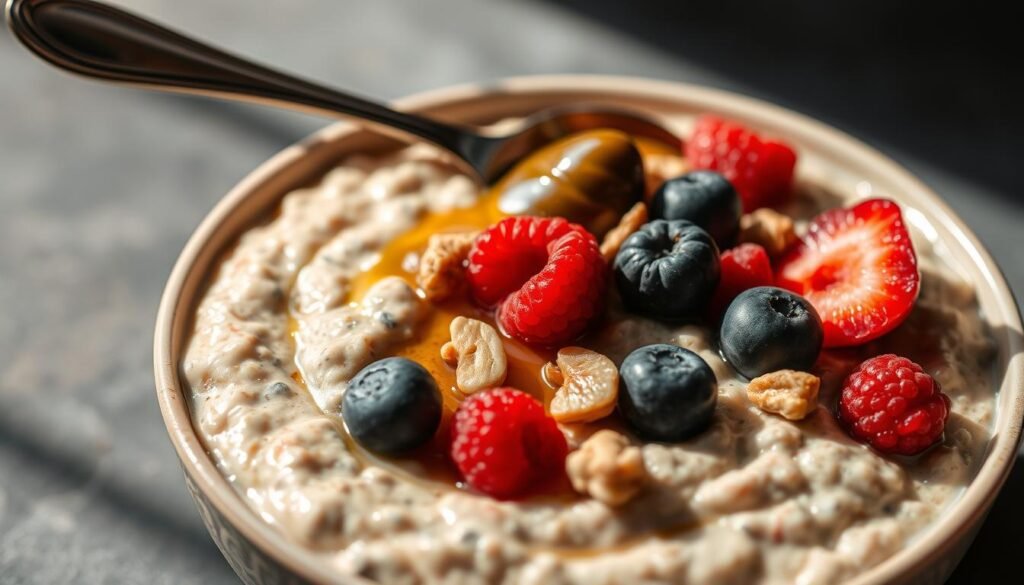 Uma tigela de aveia durante a noite, meticulosamente criada com precisão. A textura cremosa e espessa é acentuada pelos redemoinhos suaves de uma colher, revelando camadas de bagas brilhantes, nozes crocantes e uma garoa de mel dourado. Os tons macios e terrosos da aveia são complementados pelos vibrantes tons de cor das frutas frescas, criando uma composição visualmente impressionante e apetitosa. Sombras sutis lançadas pela tigela e utensílios adicionam profundidade e dimensão, enquanto a iluminação macia e difusa lança um brilho quente e convidativo sobre a cena. Este café da manhã prático e saudável é uma prova da arte da preparação de refeições, mostrando o equilíbrio perfeito de sabor, textura e apelo visual.