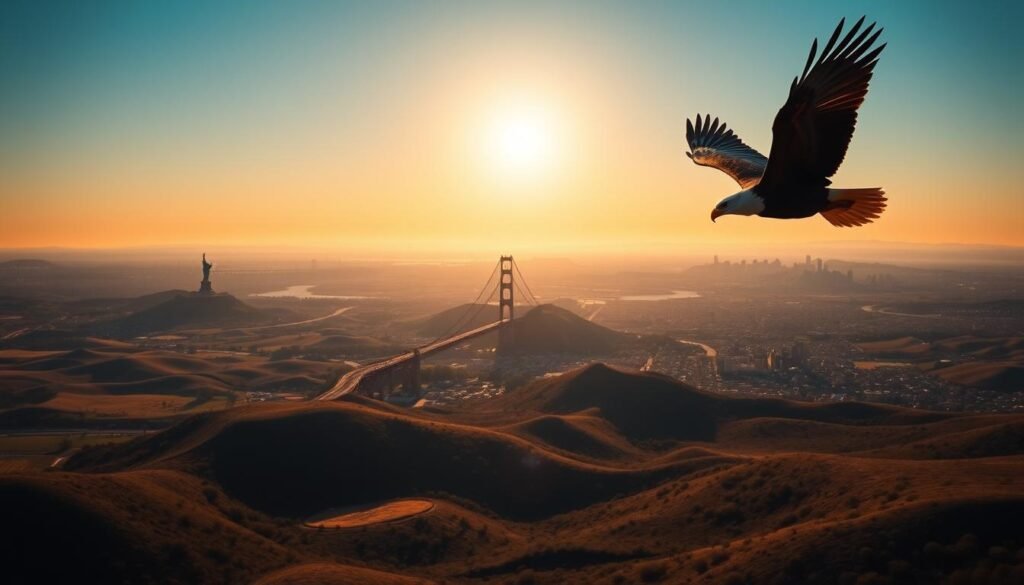 Uma vasta e abrangente paisagem dos Estados Unidos, capturada sob o brilho quente de um pôr do sol da hora dourada. Em primeiro plano, uma majestosa águia americana sobe graciosamente, suas asas estendidas contra um céu sem nuvens. No meio termo, as silhuetas icônicas da Estátua da Liberdade e a Ponte do Portão Dourado ficam como símbolos da liberdade e progresso americanos. À distância, as colinas e arranha -céus das principais cidades pontilham o horizonte, pintando uma tapeçaria diversificada e vibrante da nação. A cena está imbuída de um senso de patriotismo e orgulho nacional, transmitindo a rica história e grandeza dos Estados Unidos.
