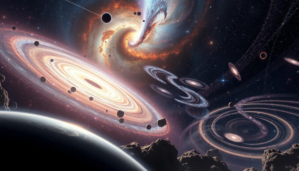 Uma vasta paisagem cósmica, onde a curvatura do espaço -tempo se torna visível. Em primeiro plano, um corpo celestial maciço distorce o tecido do universo, dobrando a trajetória dos objetos de luz e celeste. Lentes de gravidade cintilantes refratam e ampliam galáxias distantes, criando uma exibição hipnotizante de efeitos gravitacionais. O meio termo apresenta vórtices e redemoinhos em turbilhão, ilustrando a natureza dinâmica da relatividade geral. No fundo, um caleidoscópio de estrelas e nebulosas, sua luminescência diminuiu e distorcida pelas poderosas forças gravitacionais em jogo. Banhado em um brilho macio e etéreo, a cena transmite o profundo impacto da teoria revolucionária de Einstein em nossa compreensão do cosmos.