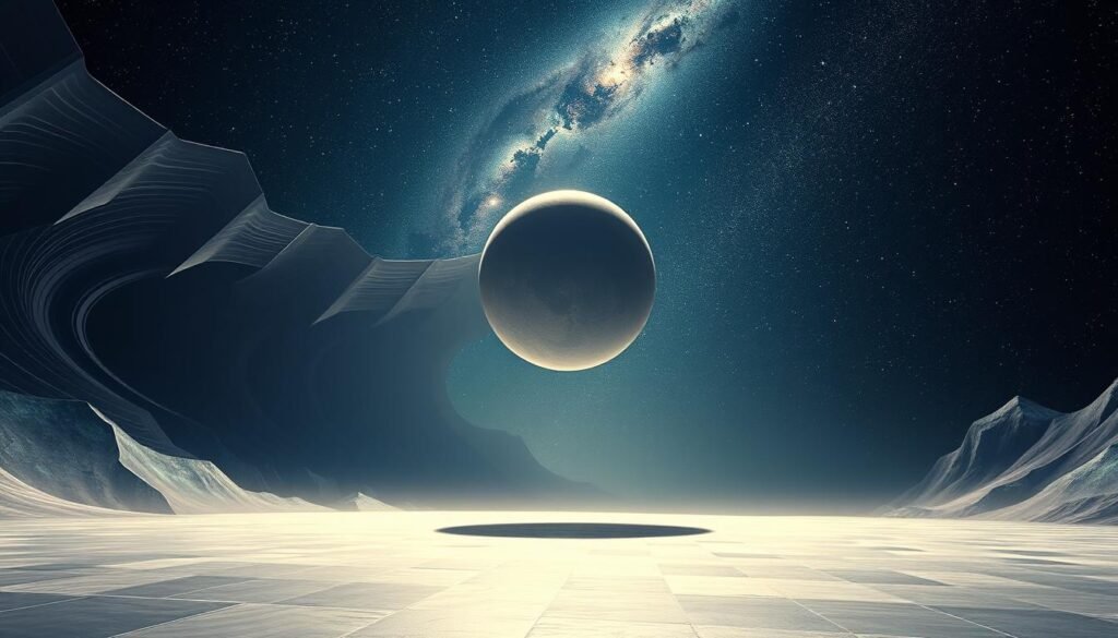 Uma vasta paisagem geométrica que descreve as conseqüências da teoria da relatividade especial de Einstein. Em primeiro plano, um continuum distorcido e distorcido do espaço-tempo com campos de energia pulsante e rodopiante. O meio termo apresenta uma massa esférica suspensa que parece ser um corpo celestial, sua forma e orientação desafiando a física clássica. No fundo distante, um céu noturno estrelado com galáxias e nebulosas que parecem dobrar e deformar, ilustrando o profundo impacto dos efeitos relativísticos no cosmos. A cena é banhada em um brilho macio e etéreo, criando uma sensação de admiração e contemplação. A iluminação é dramática, com sombras profundas e destaques acentuando as mudanças dimensionais e as perspectivas distorcidas.