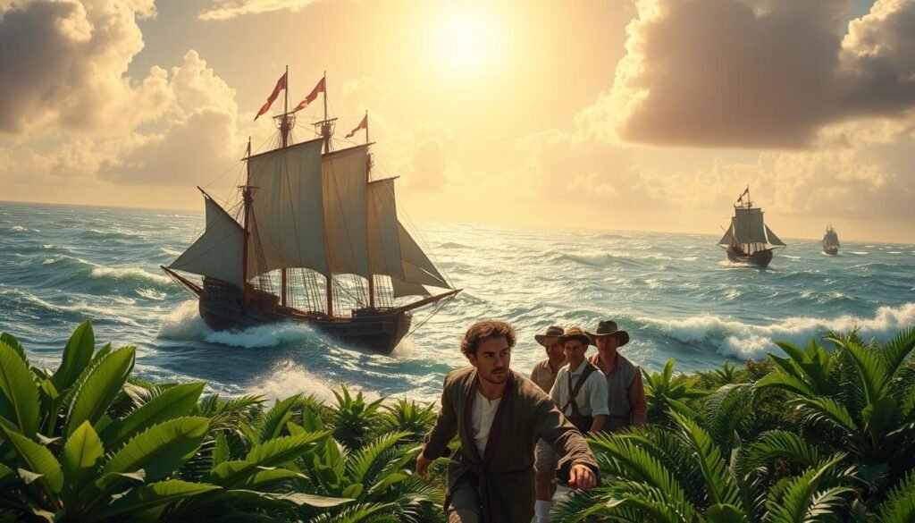 Uma vasta paisagem oceânica, as ondas batendo contra os cascos dos caras espanhóis. Em primeiro plano, Christopher Columbus e sua tripulação desembarcaram em uma costa tropical, suas expressões uma mistura de determinação e apreensão. A exuberante folhagem verdejante da nova terra se espalha diante deles, sugerindo a promessa e os desafios da colonização. No alto, um sol brilhante lança um brilho quente e dourado, iluminando a cena com um senso de aventura e descoberta. A composição é equilibrada, com os navios no fundo, proporcionando uma sensação de escala e as figuras em primeiro plano desenhando o olho do espectador. O clima é de exploração e o amanhecer de uma nova era, tingida com as complexidades que em breve se desenrolariam. Uma vasta paisagem oceânica, as ondas batendo contra os cascos dos caras espanhóis. Em primeiro plano, Christopher Columbus e sua tripulação desembarcaram em uma costa tropical, suas expressões uma mistura de determinação e apreensão. A exuberante folhagem verdejante da nova terra se espalha diante deles, sugerindo a promessa e os desafios da colonização. No alto, um sol brilhante lança um brilho quente e dourado, iluminando a cena com um senso de aventura e descoberta. A composição é equilibrada, com os navios no fundo, proporcionando uma sensação de escala e as figuras em primeiro plano desenhando o olho do espectador. O clima é de exploração e o amanhecer de uma nova era, tingida com as complexidades que em breve se desenrolariam.