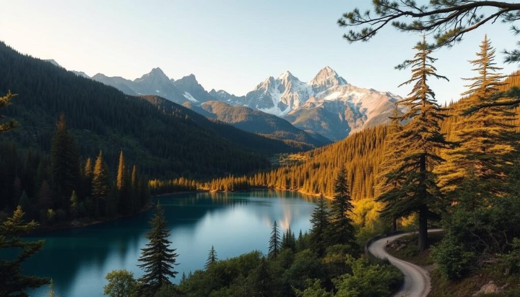 Uma vista abrangente de paisagens exuberantes e verdejantes, com montanhas imponentes à distância. Em primeiro plano, um lago intocado reflete a folhagem circundante, suas águas cristalinas brilhando sob a luz solar quente e dourada. Árvores altas e majestosas alinham a costa, seus galhos lançando sombras suaves sobre a cena tranquila. O meio -termo apresenta uma trilha de caminhada sinuosa, levando os aventureiros mais profundamente para o deserto intocado. O fundo é dominado por picos robustos e cobertos de neve, suas silhuetas irregulares lançando uma sensação de admiração e admiração. O humor geral é de beleza natural serena e intocada, transmitindo a importância da conservação e do turismo responsável nessas paisagens de tirar o fôlego e sobrenatural.
