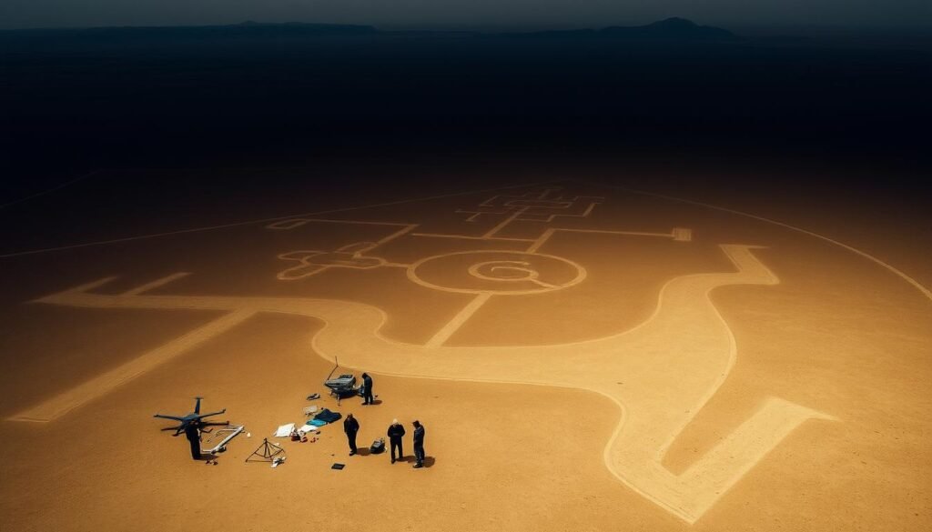 Uma vista aérea abrangente das linhas de Nazca no Peru, envolta em uma iluminação atmosférica e sombria. Vastas formas geométricas e figuras zoomórficas esculpidas no chão do deserto, seu propósito e origens envoltas em mistério. Em primeiro plano, um grupo de pesquisadores e arqueólogos estudando cuidadosamente as linhas, suas ferramentas e equipamentos espalhados no terreno árido. Na distância média, as linhas se estendem em direção ao horizonte, sua escala e precisão desafiando a explicação fácil. O fundo é nebuloso, com as montanhas dos Andes subindo à distância, dando uma sensação de maravilha atemporal à cena. A imagem transmite um senso palpável de exploração e a busca por respostas sobre essa maravilha antiga e enigmática. Uma vista aérea abrangente das linhas de Nazca no Peru, envolta em uma iluminação atmosférica e sombria. Vastas formas geométricas e figuras zoomórficas esculpidas no chão do deserto, seu propósito e origens envoltas em mistério. Em primeiro plano, um grupo de pesquisadores e arqueólogos estudando cuidadosamente as linhas, suas ferramentas e equipamentos espalhados no terreno árido. Na distância média, as linhas se estendem em direção ao horizonte, sua escala e precisão desafiando a explicação fácil. O fundo é nebuloso, com as montanhas dos Andes subindo à distância, dando uma sensação de maravilha atemporal à cena. A imagem transmite um senso palpável de exploração e a busca por respostas sobre essa maravilha antiga e enigmática.