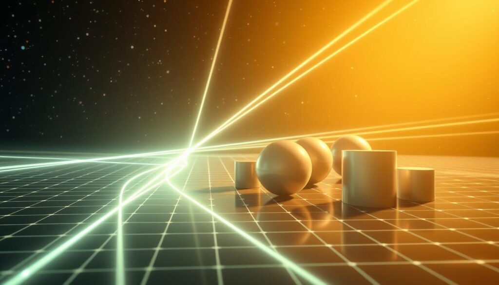 Uma visualização tridimensional luminosa dos conceitos centrais da teoria especial da relatividade de Einstein. Em primeiro plano, uma grade no espaço -tempo com vigas de luz divergentes e que se cruzam, ilustrando a relatividade do tempo e do espaço. No meio termo, formas geométricas abstratas - cubos, esferas e cilindros - deformados pelos efeitos do movimento relativístico, deformação e flexão de acordo com o quadro de referência do observador. No fundo, um cenário de campo estrelado, sugerindo a vasta e interconectada natureza do universo e a aplicabilidade universal desses princípios. A iluminação suave e quente lança sombras suaves, criando profundidade e uma sensação de elegância científica. A composição geral evoca um equilíbrio entre o teórico e o visual, tornando as idéias complexas de "Relatividade Restita" acessíveis e cativantes.