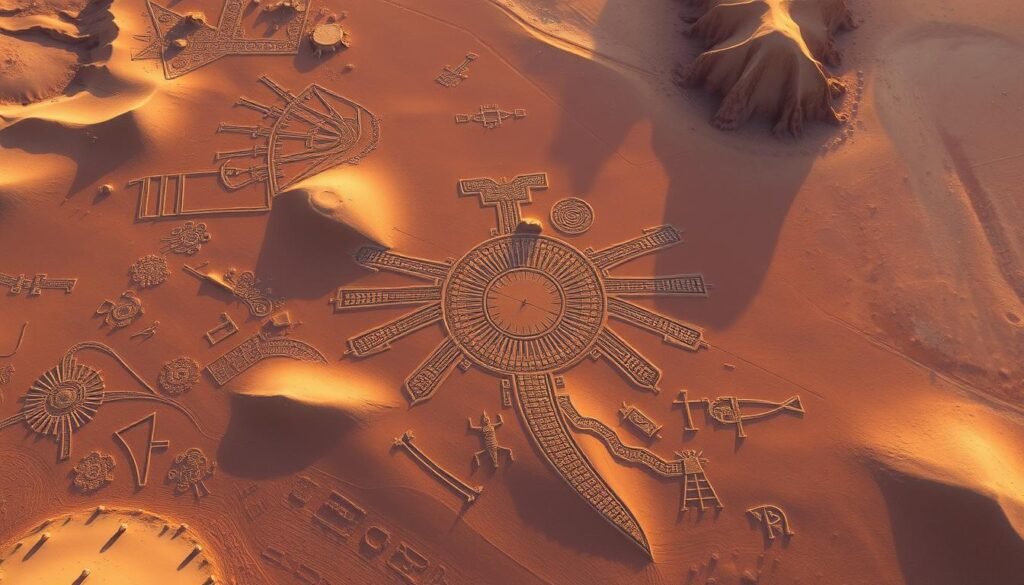 Vista aérea das famosas linhas de Nazca geoglifas que se estendem pela árida paisagem do deserto peruano. Formas geométricas intrincadas, figuras de animais e desenhos abstratos gravados no solo com precisão meticulosa, em contraste fortemente com o terreno ocre árido. A luz quente do deserto lança longas sombras, destacando a profundidade e a escala dessas enorme e enferreiras milênias. Capture a maravilha e o mistério dessas surpreendentes conquistas humanas antigas, contra a vasta e silenciosa extensão da região de Pampa. Vista aérea das famosas linhas de Nazca geoglifas que se estendem pela árida paisagem do deserto peruano. Formas geométricas intrincadas, figuras de animais e desenhos abstratos gravados no solo com precisão meticulosa, em contraste fortemente com o terreno ocre árido. A luz quente do deserto lança longas sombras, destacando a profundidade e a escala dessas enorme e enferreiras milênias. Capture a maravilha e o mistério dessas surpreendentes conquistas humanas antigas, contra a vasta e silenciosa extensão da região de Pampa.