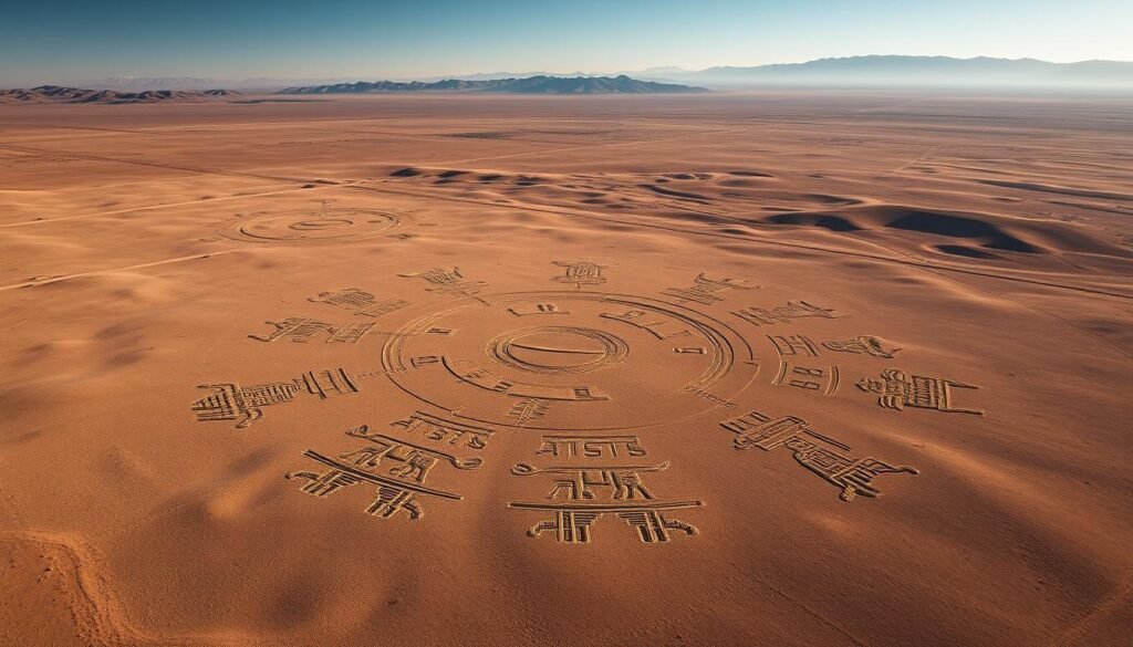 Vista aérea detalhada das linhas de Nazca, os geoglifos maciços gravados no deserto peruano. Mostrar as intrincadas técnicas de construção, com linhas visíveis, formas geométricas e figuras de animais esculpidas na terra. Capture a paisagem expansiva, com as montanhas dos Andes subindo no fundo distante. Utilize uma perspectiva de alto ângulo para transmitir a escala e a precisão dessas maravilhas antigas. A iluminação sutil lança longas sombras, destacando a profundidade e a textura das obras de terraplenagem. Uma atmosfera serena e inspiradora permeia a cena, refletindo o mistério e a ingenuidade da civilização de Nazca. Vista aérea detalhada das linhas de Nazca, os geoglifos maciços gravados no deserto peruano. Mostrar as intrincadas técnicas de construção, com linhas visíveis, formas geométricas e figuras de animais esculpidas na terra. Capture a paisagem expansiva, com as montanhas dos Andes subindo no fundo distante. Utilize uma perspectiva de alto ângulo para transmitir a escala e a precisão dessas maravilhas antigas. A iluminação sutil lança longas sombras, destacando a profundidade e a textura das obras de terraplenagem. Uma atmosfera serena e inspiradora permeia a cena, refletindo o mistério e a ingenuidade da civilização de Nazca.