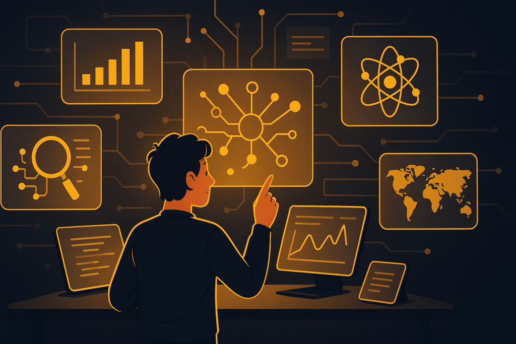 img-site-1 uma pessoa curiosa interagindo com múltiplas telas de informação tecnológica, gráficos, mapas mentais e elementos científicos